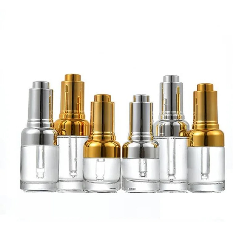 20ml 30ml 1oz 50ml Cosmetic Refillable Dropper Vials Gold Silver Press Pipette Lid Clear Round Glass Bottle for Essential Oil