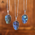 Flash Labradorite Necklace Carving Skull Head Pendant Healing Men Jewelry Birthday Gift