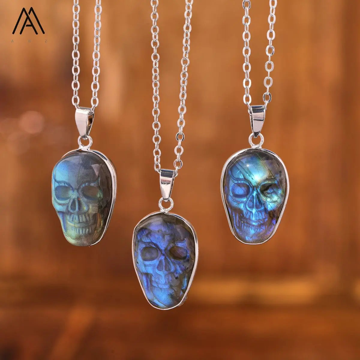 Flash Labradorite Necklace Carving Skull Head Pendant Healing Men Jewelry Birthday Gift