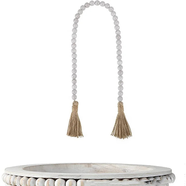 Home Decor Bathroom Tray White Countertop Wooden Tray Farmhouse Style Round Beaded Wood Tray