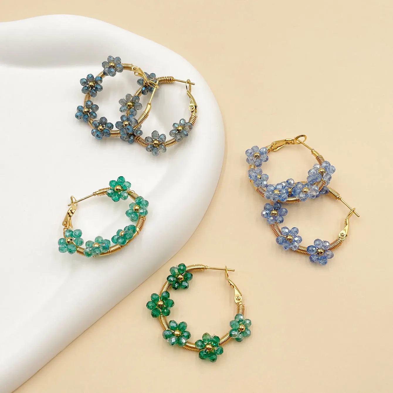 Korea Lovely Crystal Flower Circle Earrings Fadeless Stainless Steel Floral Round Hoop Earrings for Women Girl