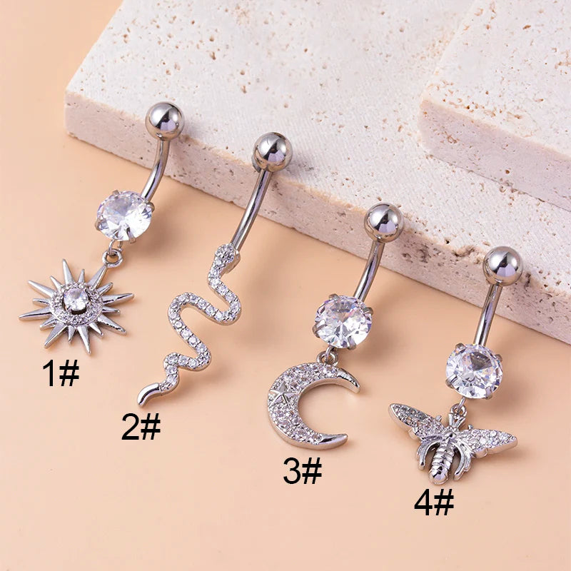 Stainless Steel 1.6X10mm Belly Button Rings Snake Butterfly Moony Dangle CZ Navel Barbell Piercing Jewelry