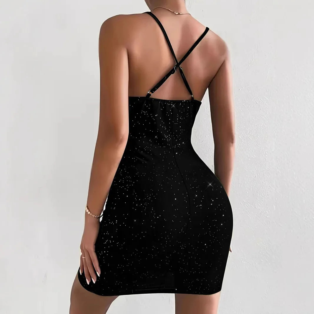 Factory Wholesale New Solid Color V-neck Hot Gold Sexy Temperament Slim Cross Strap Dress Luxury Dress
