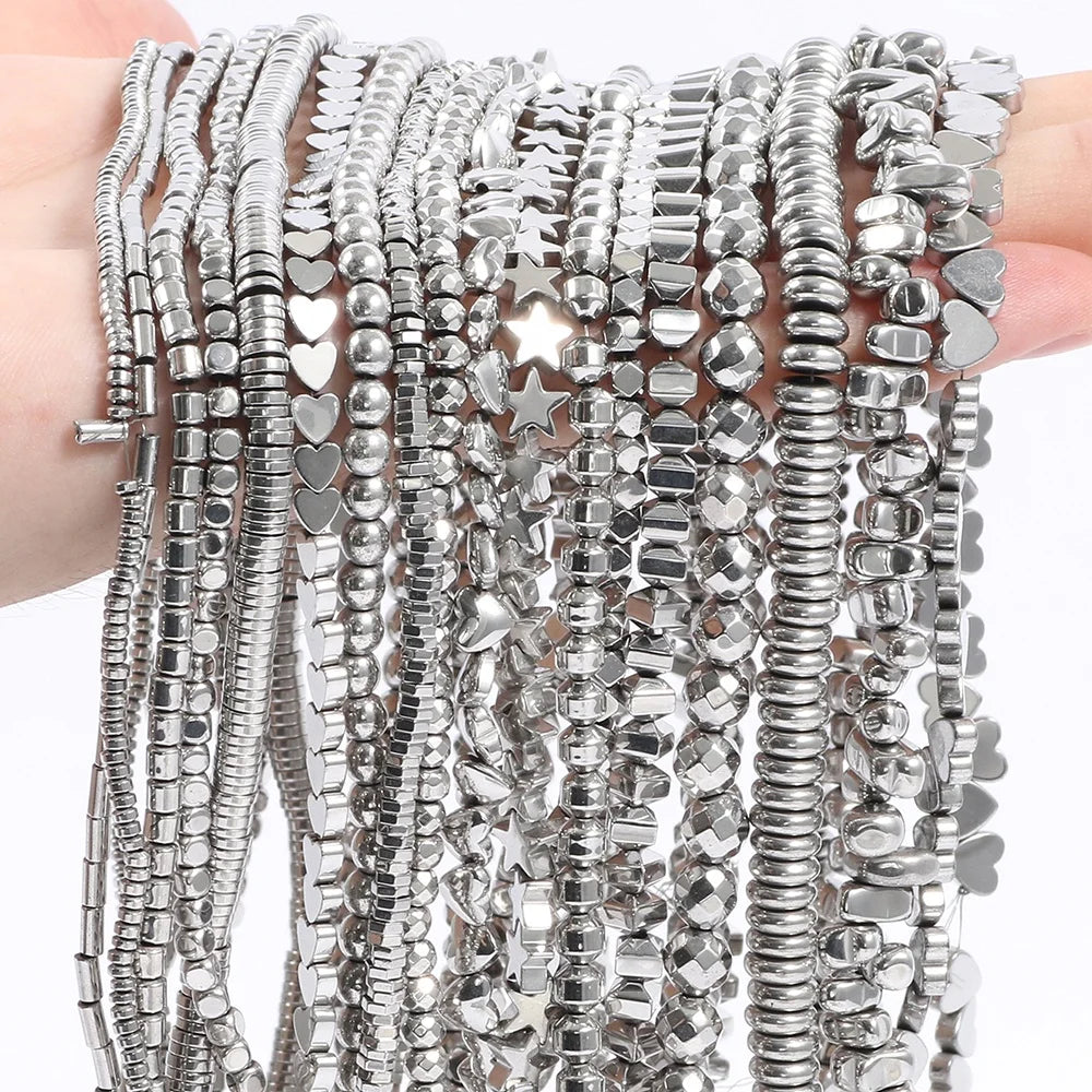 Star/Tube/Heart Shape Silver Plated Natural Hematite Stone Rondelle Semi Gemstone Spacer Beads Kuoyu Brand for Jewelry Making