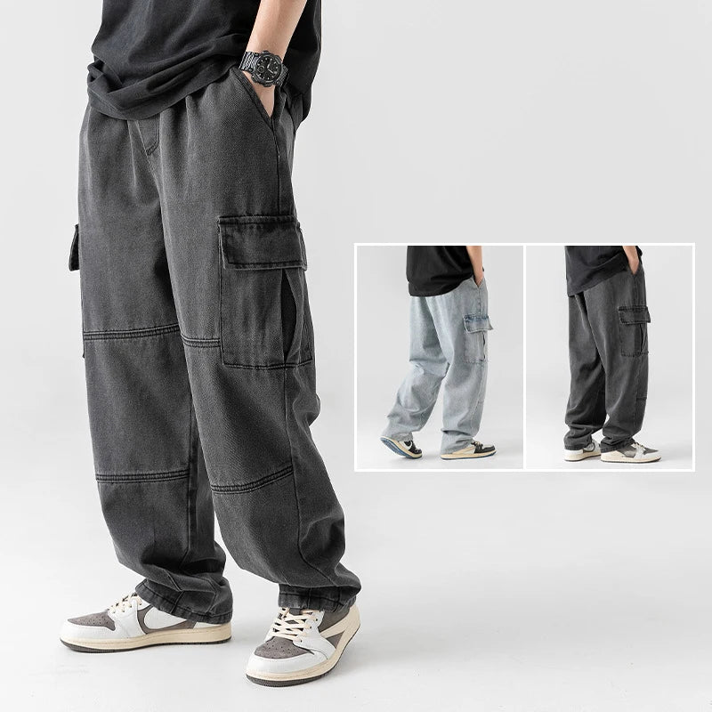 OEM Custom Street Style Streetwear Wide Leg Loose Baggy Multi Patch Pockets Cargo Jeans for Men Washed Vintage Pants