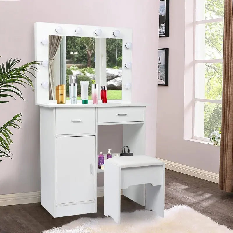 Modern Simple Designs Bedroom Led Light Make up Vanity Mirror Chair Sets Dressing Table White