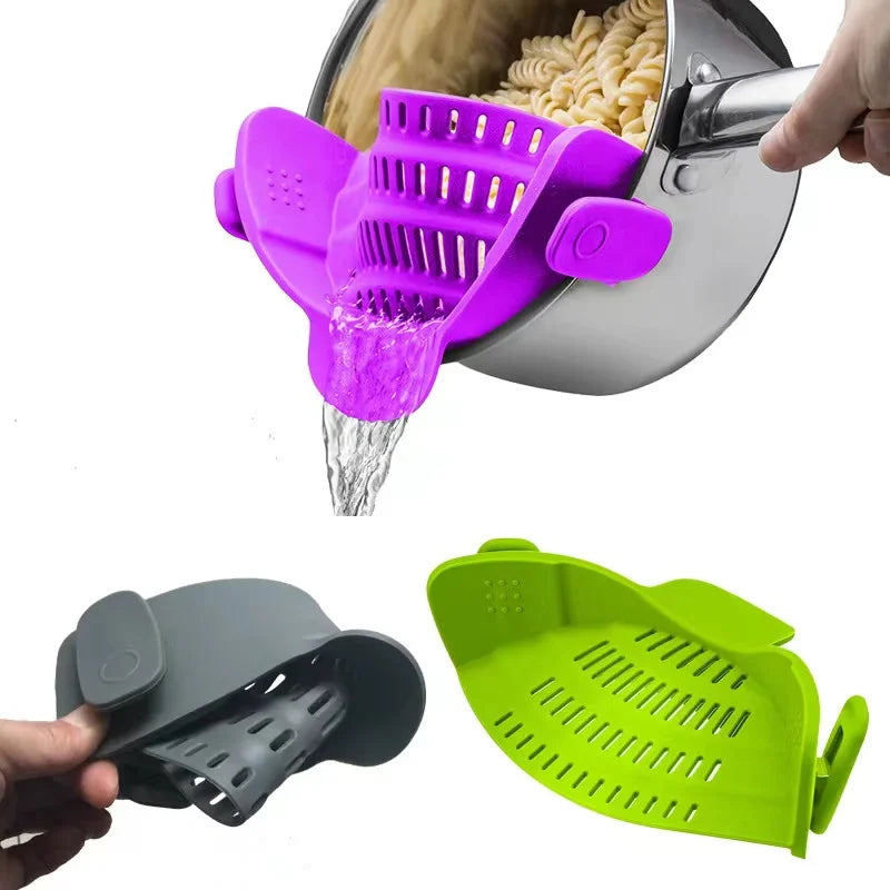 Adjustable Silicone Kitchen Colander Strainer Heat Resistant Pot Drain Pan Drainer Clip on Strainer for Easy Cleaning