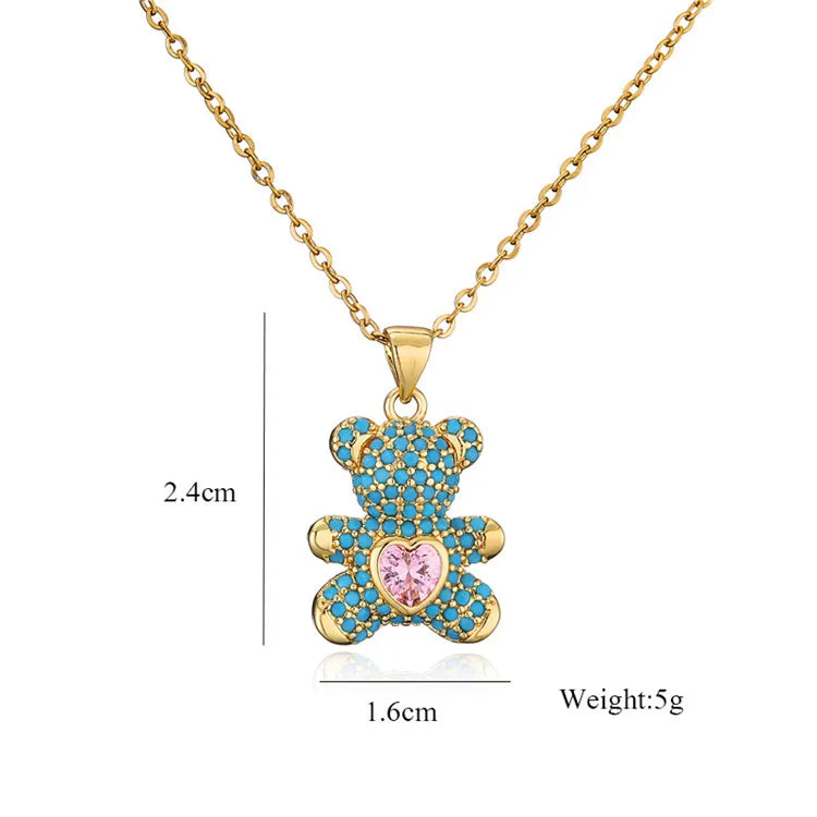 Cute Turquoise Beaded Natural Stone Hug Me Bear Pendant Jewelry Gold Plated Colorful Zircon Heart Rhinestone Bear Charm Necklace