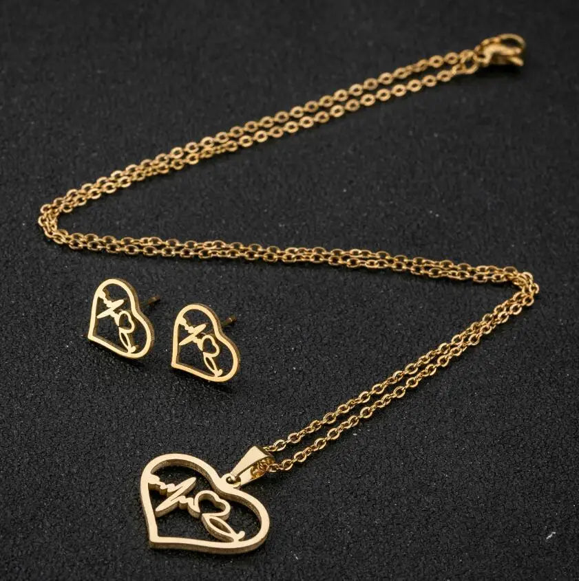 Hollow Out 18K Gold Plated  love Necklace Earrings 3pcs Sets Stainless Steel Clavicle Chain Heartbeat ECG Jewelry Sets