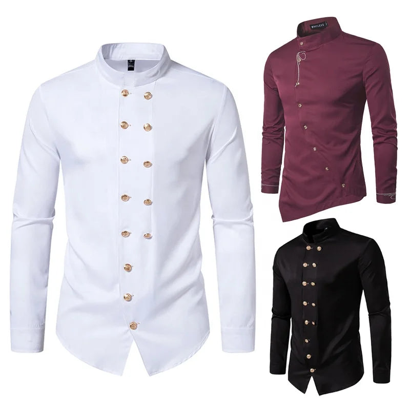 Mens Double Breasted Western Shirts Irregular Embroidery Blouse Male Chemise Urban Tops Formal Shirt