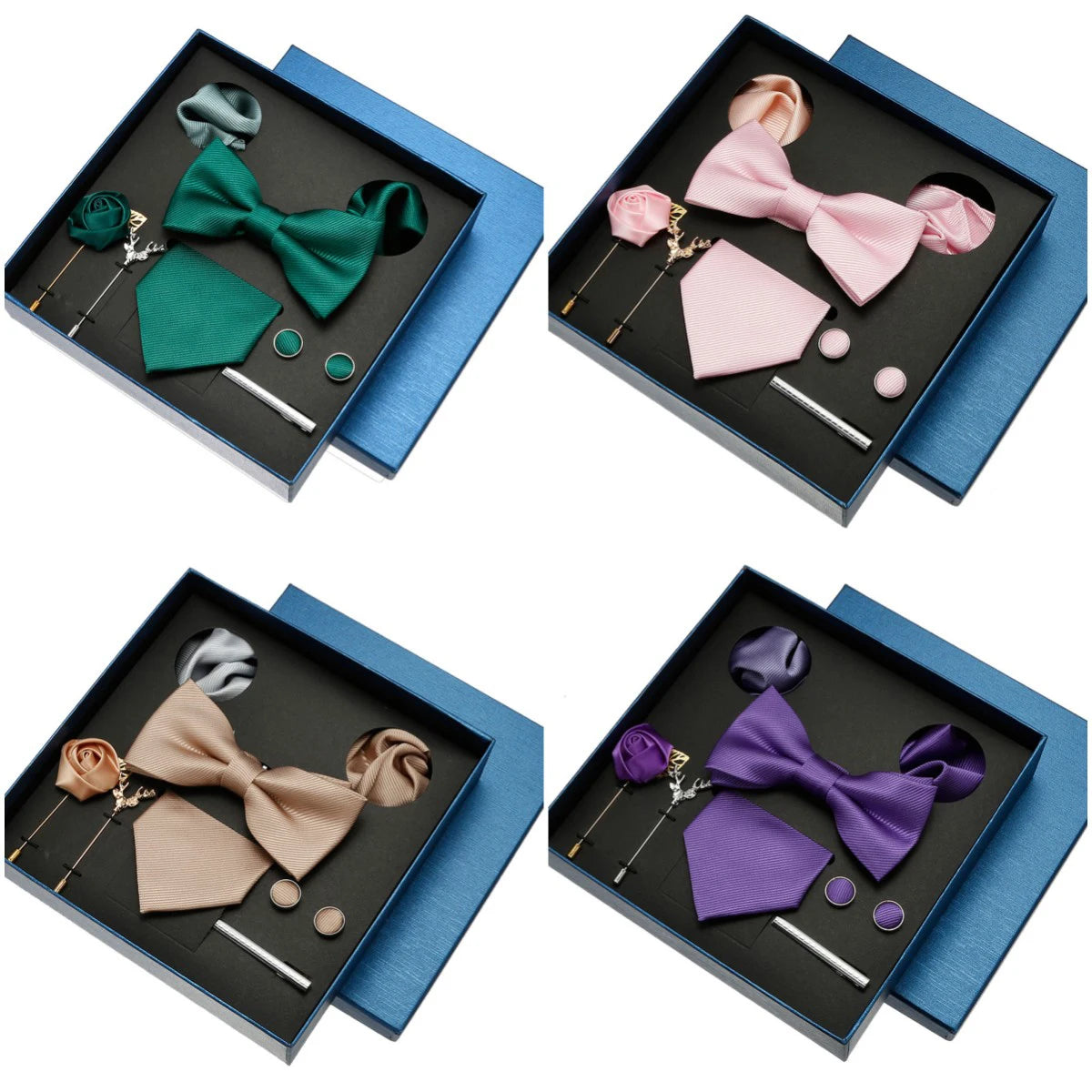 Men's Ties Business Suit Ties Hankies for Men Fashion Necktie Bowtie Brooches Pin Cufflinks and Tie Clip Wedding Gift Box Set