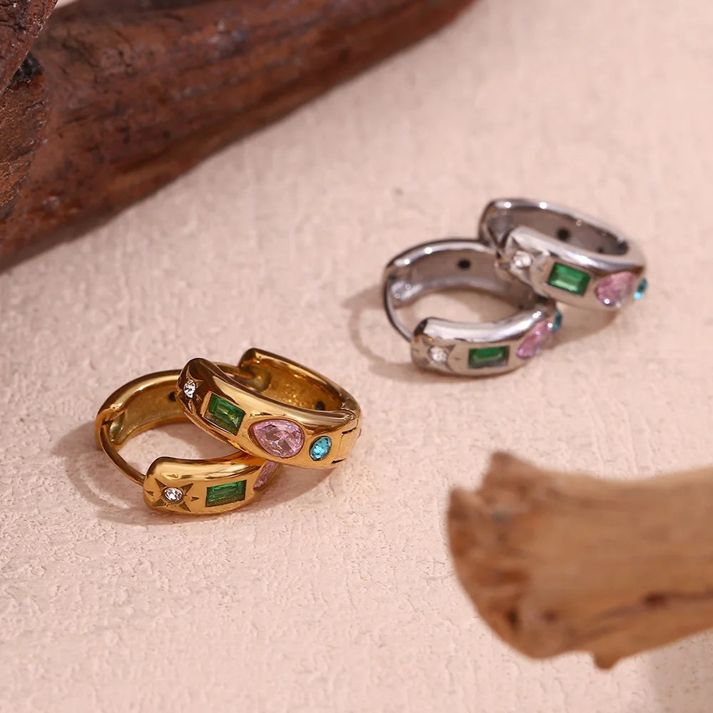 2024 Couple Jewelry Colorful Zircon Huggie Earrings 18k Gold Plated Stainless Steel Jewelry