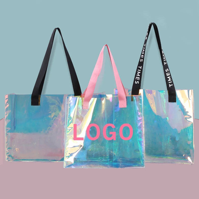 Custom Logo Summer Eco Fashion Reusable Waterproof PVC TPU Jelly Clear Beach Shopping Tote Bag with Letter Pattern