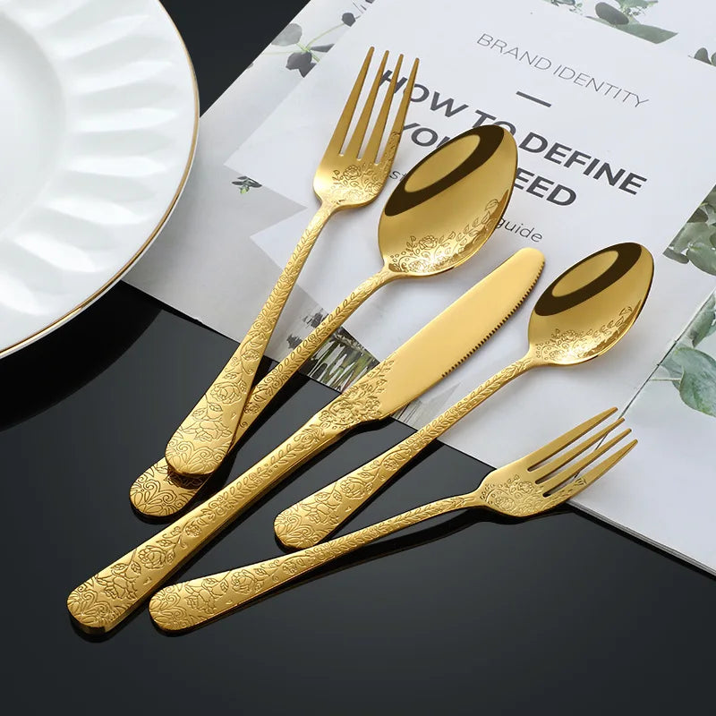 Luxury Gold Stainless Steel Cutlery Set Engraved Floral Pattern Flatware Knife Fork Spoon For Arabic Wedding Ramadan Hotel