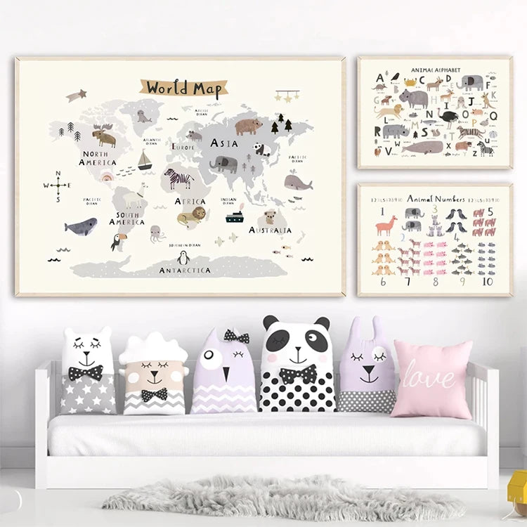Solar System Shapes Map Animal Alphabet Painting Nordic Posters Wall Art Canvas Painting for Kids Room Decor