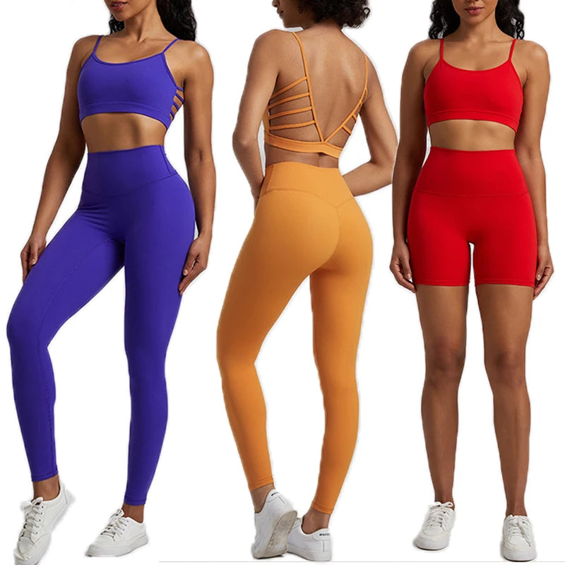 Peach Hip Sports Leggings Thin Straps Soft Breathable High Waist V Back Bra Top 2 / 3 Piece Yoga Suit Fitness Sets Women