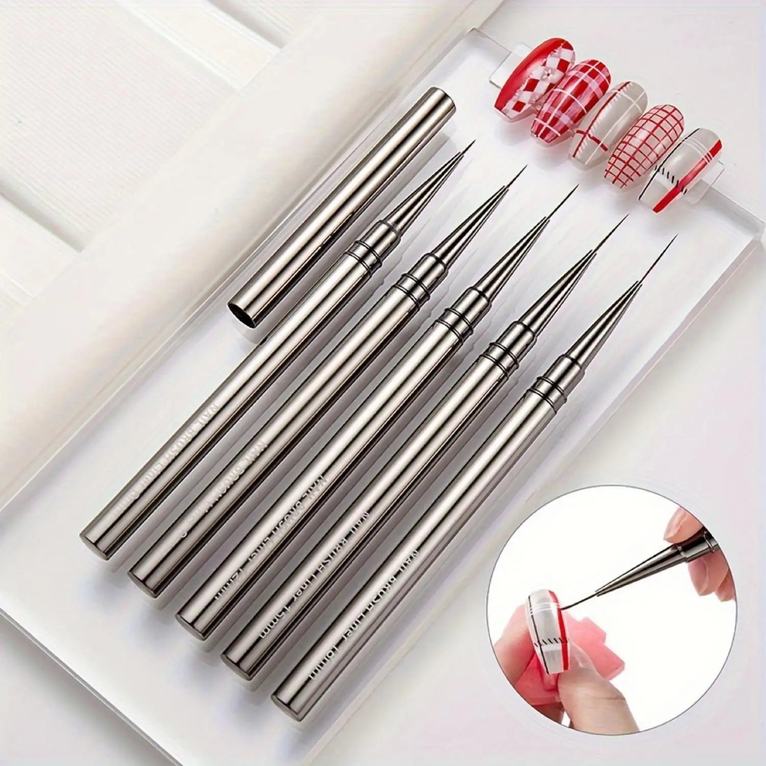 Nail Liner Set Metal Handle 6/9/12/15/18mm Sizes Crimped Nylon for Drawing Lines Stripe Painting Flower Pen Nail Art Manicure