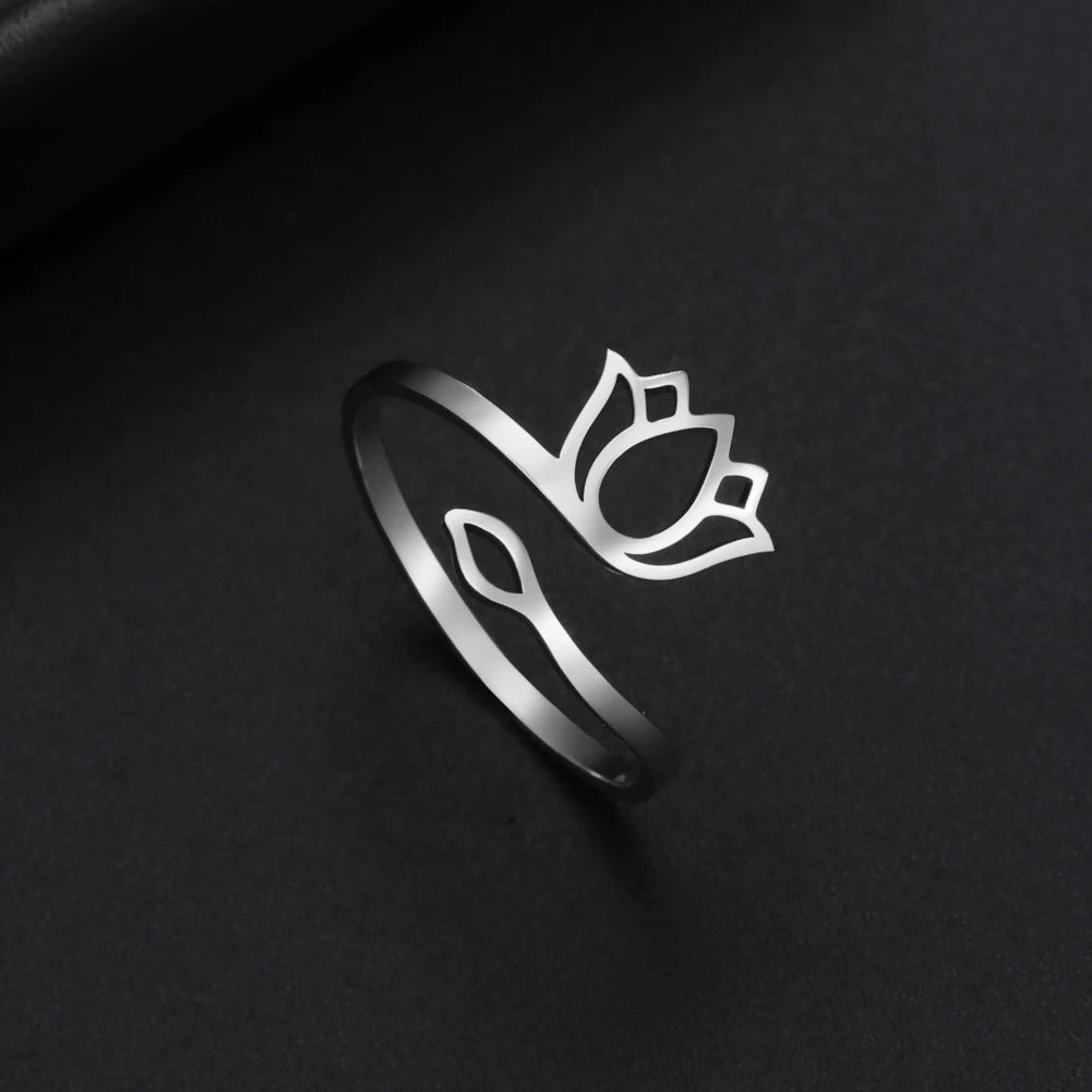 2022 Vintage Lotus Flower Rings for Women Stainless Steel Gold Color Adjustable Finger Ring Jewelry Mother Day Gift