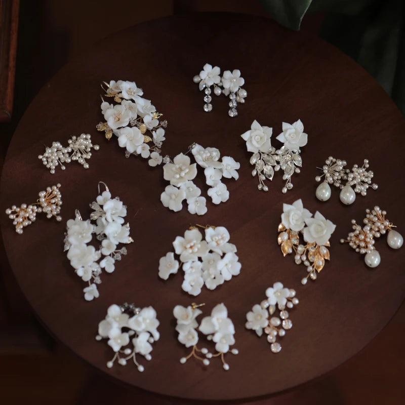 Handmade Vintage Elegant Ceramic Flower Pearl Drop Earrings for Brides Rustic Country Church Wedding Style