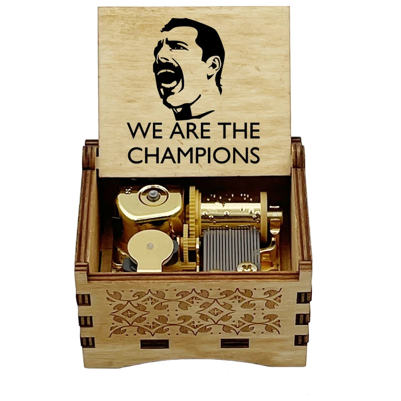 Custom Wooden Music Box Movement Mechanism Automatic Wind up We Are the Champions Song Toy Birthday Gift Home Decoration