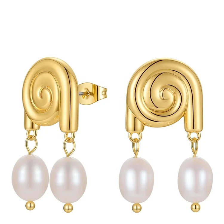 Hypoallergenic 18K Gold Plated Brass French Vintage Spiral Natural Pearl Stud Earrings for Women Fashion Jewelry E211291