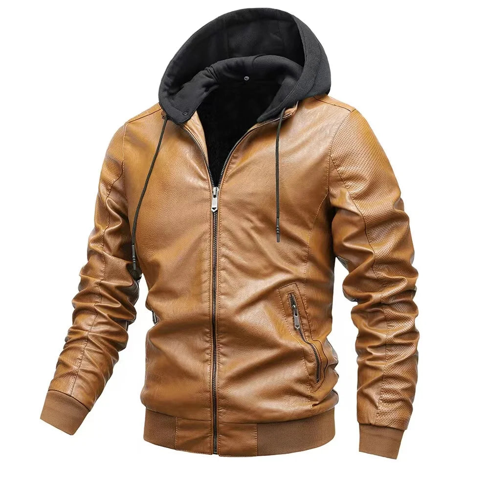 New Arrival Men's Winter Stand-up Collar Hooded Windproof Bonded PU Leather Motorcycle Jacket