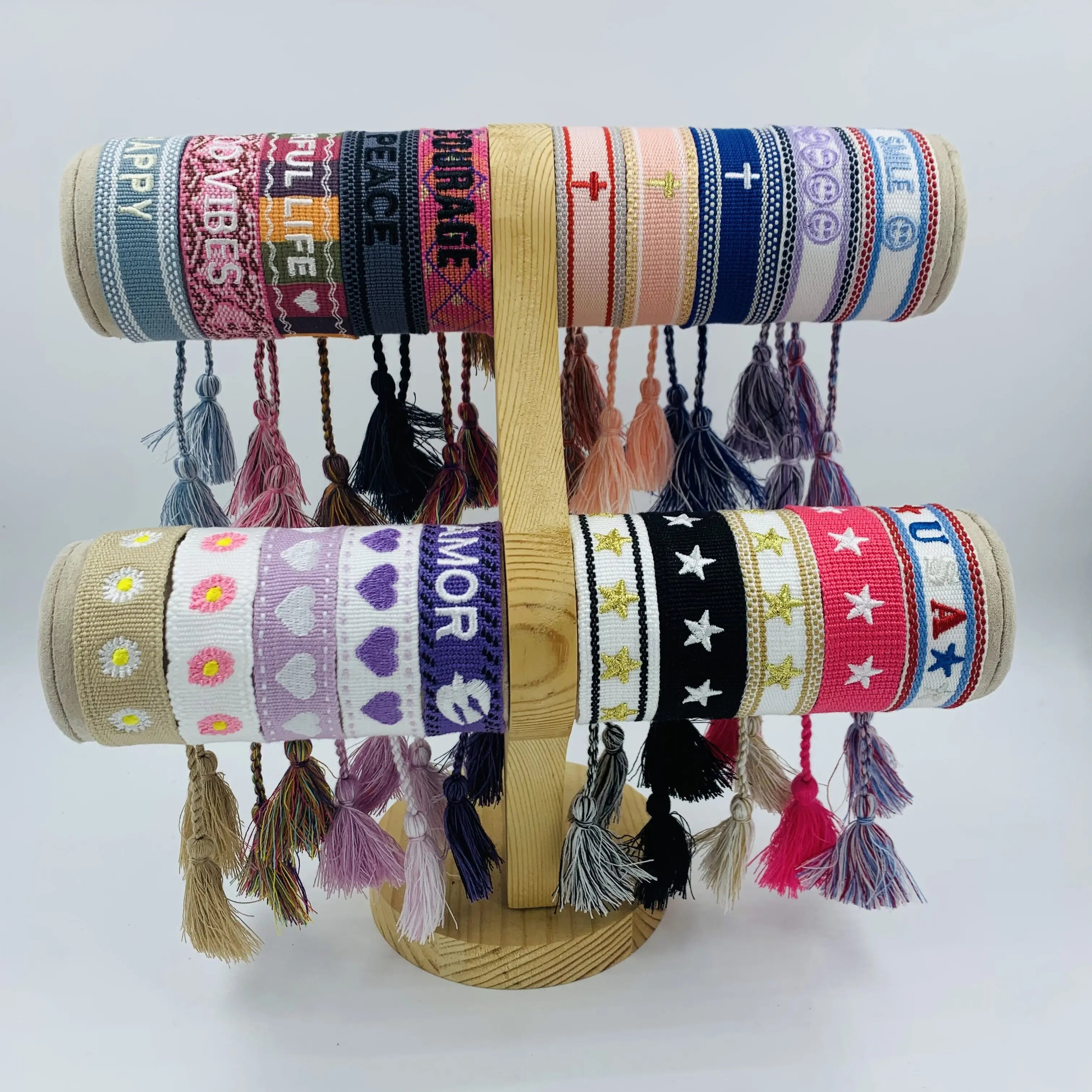 100 Styles in Stock Wholesale Ethnic Embroidery Friendship Bracelet  Custom Logo Webbing Wrist Band Woven Tassel Bracelets