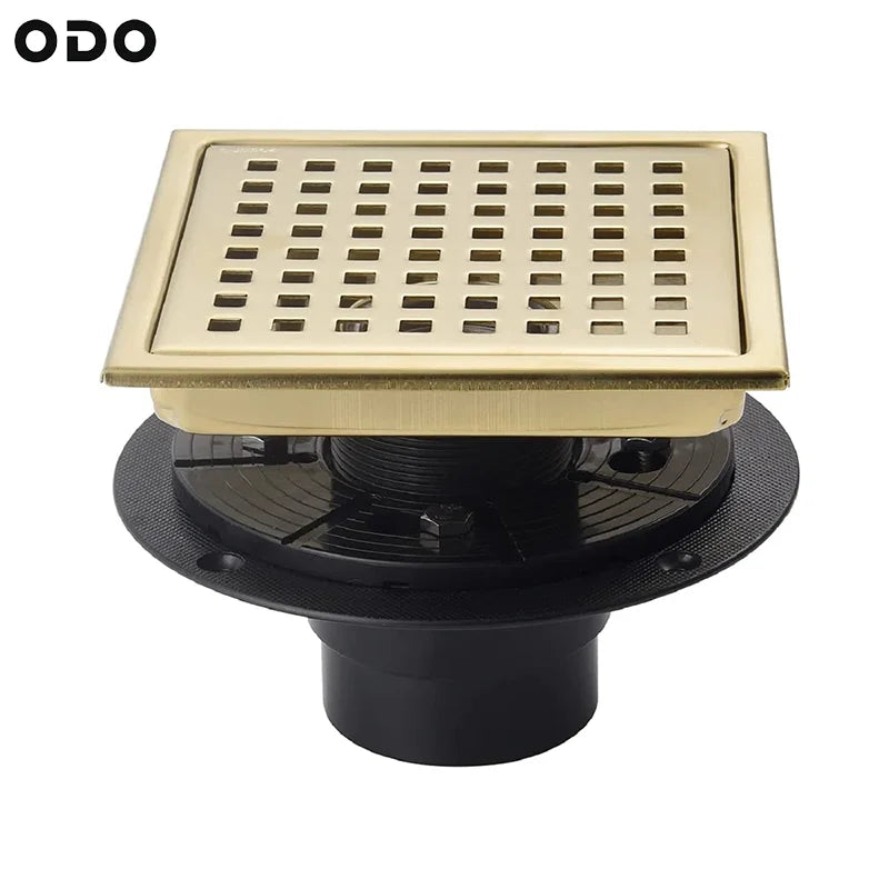 6 Inch Square SUS 304 Stainless Steel Shower Drain Brushed Gold with Flange Quadrato Pattern Grate High Flow Rate Floor Drain