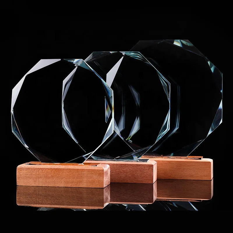 Cheap Wholesale Optical Glass Medal Awards Wooden Base Stock Crystal Trophy Blank for Personalized Souvenirs Gifts