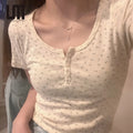 Liu Ming Cheap 2025 New Products Korean Fashion Women Short Sleeves Slim Lace Patchwork Camisole Tee  Floral Print Y2K T Shirts