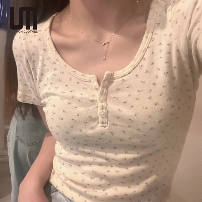 Liu Ming Cheap 2025 New Products Korean Fashion Women Short Sleeves Slim Lace Patchwork Camisole Tee  Floral Print Y2K T Shirts