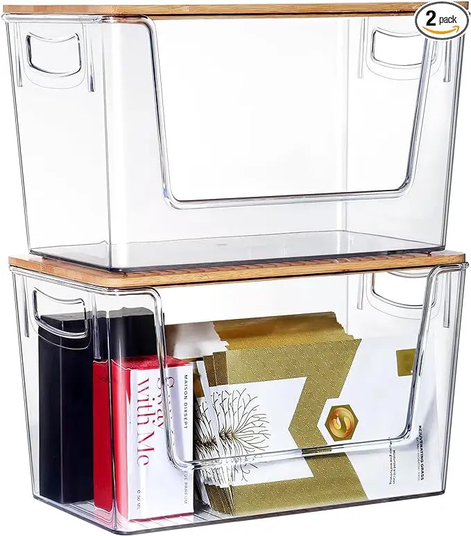 Bliss Bins Clear Acrylic Open Front Storage Containers Stackable Kitchen Organization Trash Bag Dispenser Lids Display Racks