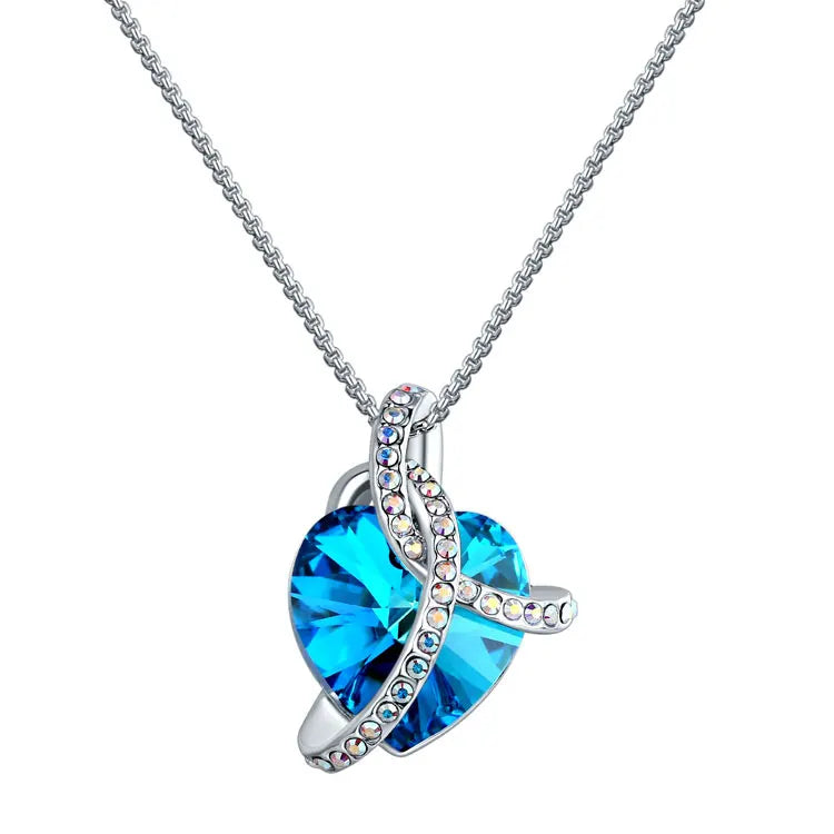 SC 2023 Hot New Blue Ocean Heart Necklace Mother's Day Delicate Curved L Austrian Crystal Heart Pendant Necklace for Women