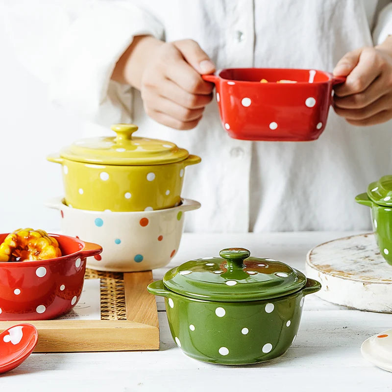 Durable Wholesale Dinnerware Bowl Round Ceramic Cookware Hand Painted Polka Dot Dinnerware Porcelain Ceramic Bowl with Lid