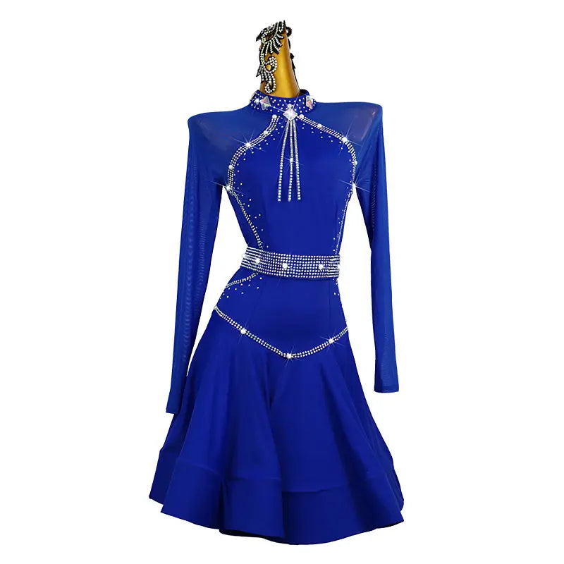 Women Long Sleeve Latin Dance Performance Dress Dance Costume Rhinestone Woman Latin Dress