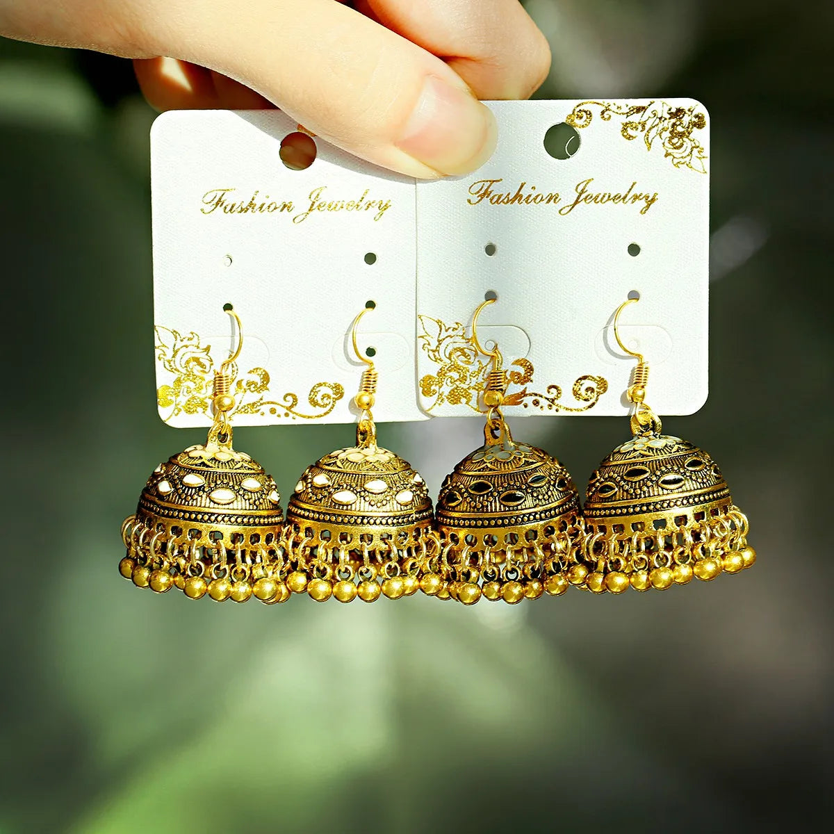Women's Vintage Ethnic Green Gypsy Gold Indian Earrings Boho Jewelry Retro Bell Tassel Carved Ladies Jhumka Earrings