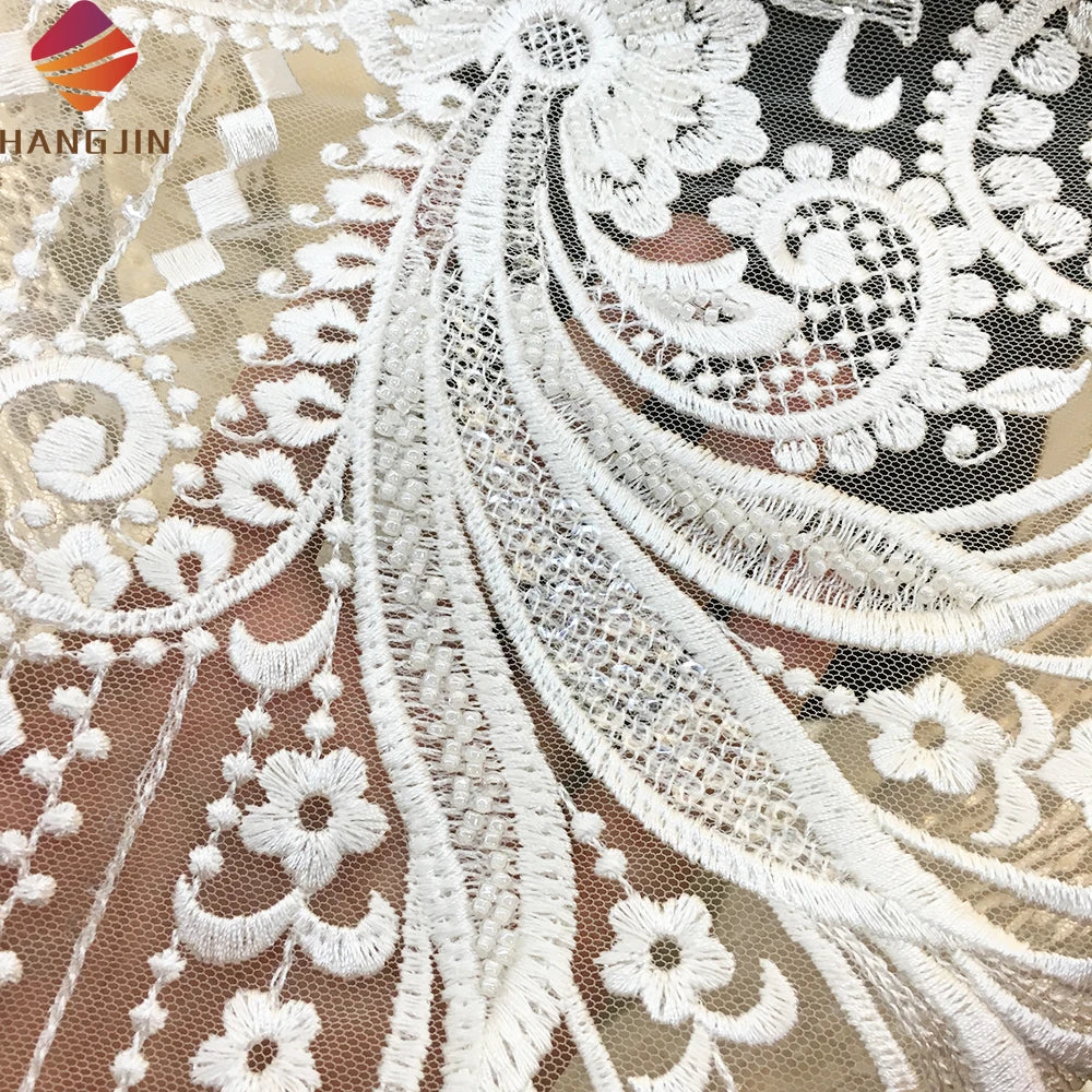 Luxury Heavy Beaded Lace Fabric With Sequins Ivory White 3D Embroidered Tulle Sequins Lace Fabric for Bridal Gown Dress