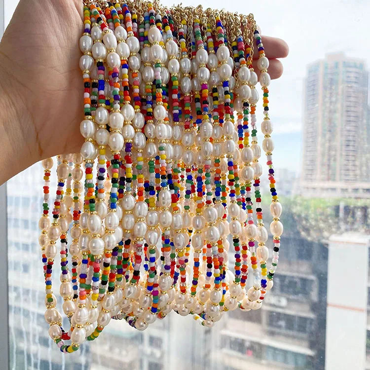 NP1031 Chic Boho Summer Multicolour Beaded Necklace  Fun Colourful Seed Bead Freshwater Pearl Beaded Necklace