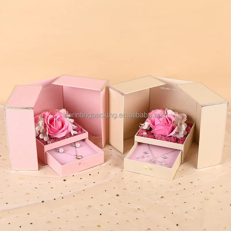 2022 Hot Sale Double Side Open 2 Layer Drawer Type Preserved Rose Jewelry Packaging Gift Box Embossing Recyclable for Necklaces