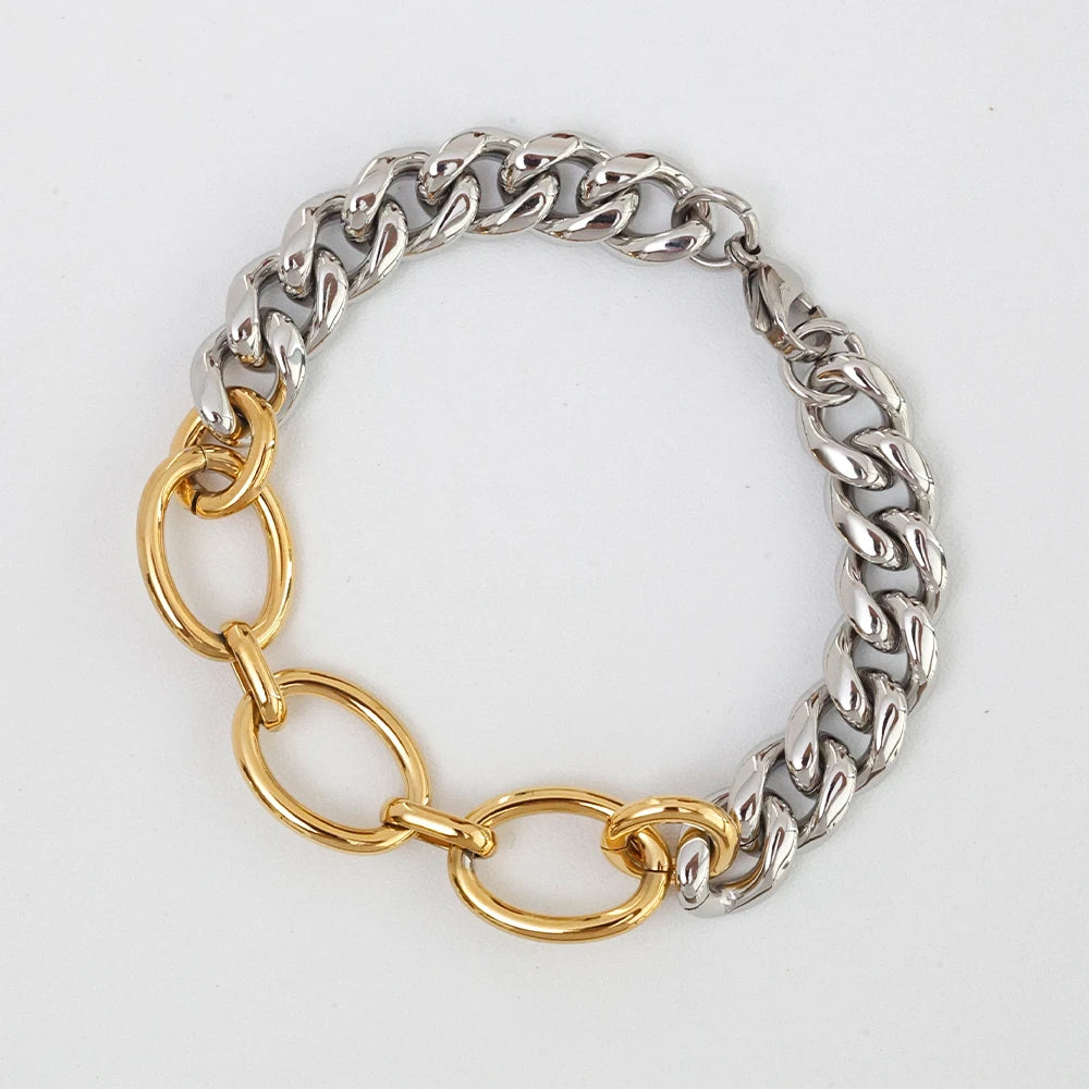 Waterproof Two Tone Bracelet Jewelry 18k Gold Stainless Steel Gold and Silver Color Block Oval Chain Splicing Bracelets YF5096