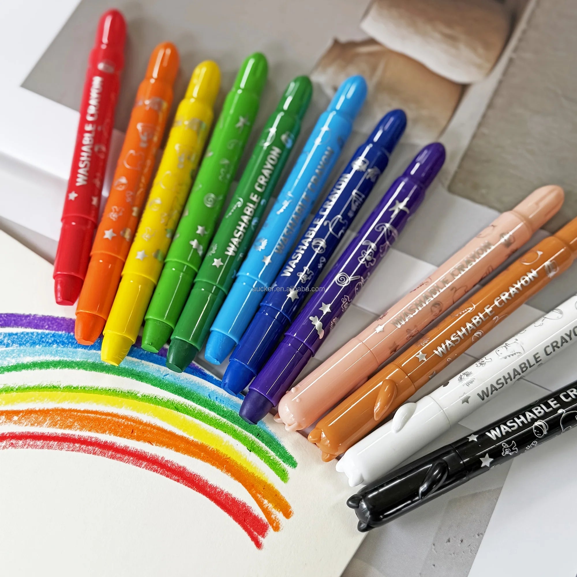 12pcs Cute Colored Gel Crayons Cat Cap Non-Toxic Twistable Crayons Set for Coloring Washable & Silky Crayons Ideal for Paper