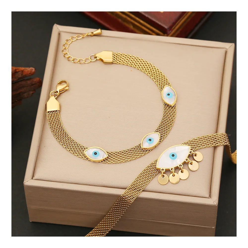 Fashion Statement 18k Gold Plated Stainless Steel Blue Eye Necklace Earring Jewelry Set for Women