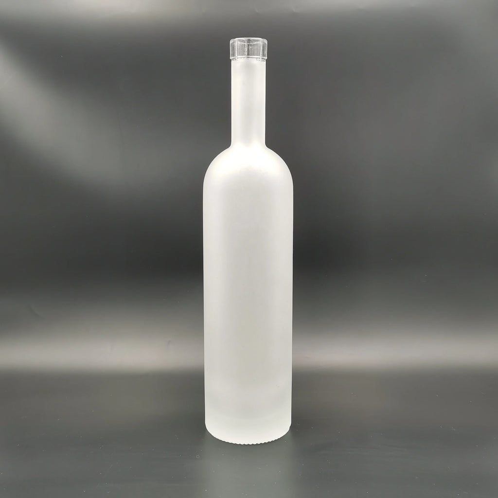 Customized Logo Manufacturer 750ml Round Crystal White Flint Glass Frosted Spirit Vodka Bottle with Cork