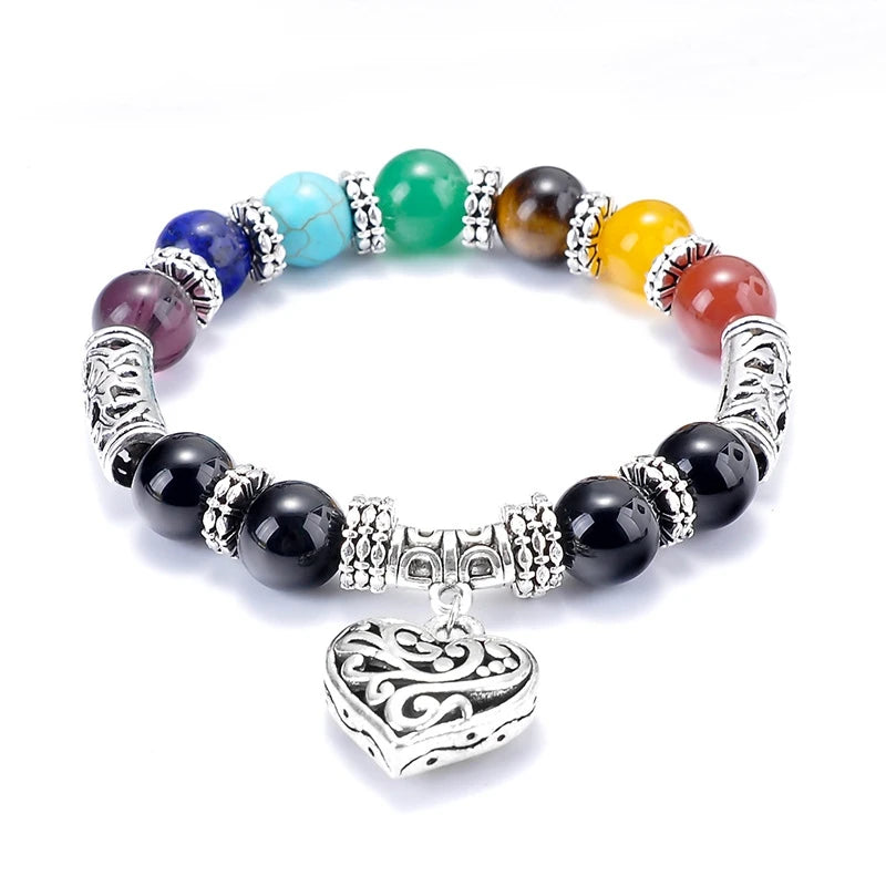 Vintagy 7 Chakra Beaded Bracelet Colorful Matte Agate Charm Heart Gemstone Fashionable Antique Style for Anniversaries