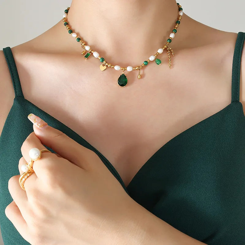New Design Simple 18K Gold Plated Elegant Stainless Steel Freshwater Pearl Jade Turquoise CZ Chain Choker Necklace Women P1219