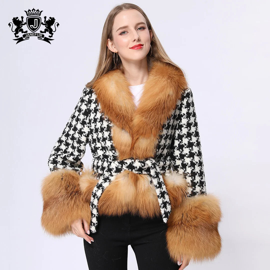 Real Fox Fur Cuff New Winter Warm Overcoat Fashion Women Long Sleeves Jacket Cashmere Texturned Tweed Wool Coat