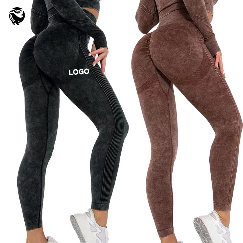 Seamless Sports Fitness Wash Tie-Dye High Waist Hip Lift Yoga Leggings for Women
