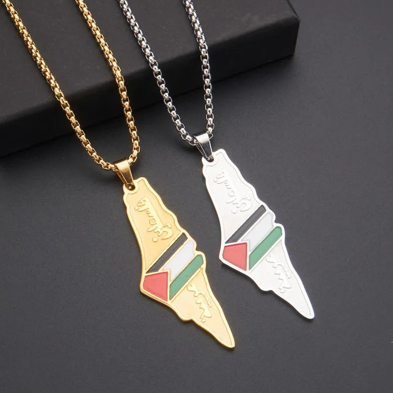 18K Gold Plated Palestine Flag Pendant Necklace with Stainless Steel Link Chain Factory Enameled Palestinian Necklace
