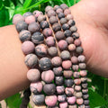 Wholesale 4/6/8/10MM Dull Polish Matte Black Line Rhodonite Stone Round Beads For Jewelry Making