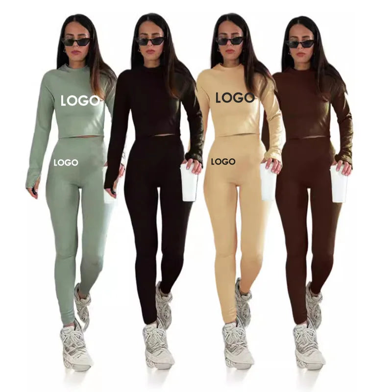 2025 Fall Women Custom Logo Two Piece Set Solid Color Ribbed Elastic O-Neck Long Sleeves Top and Tight Pants Set